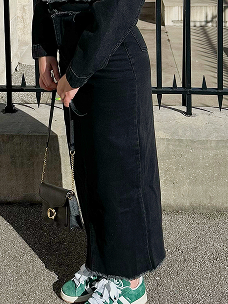 Long black denim skirt