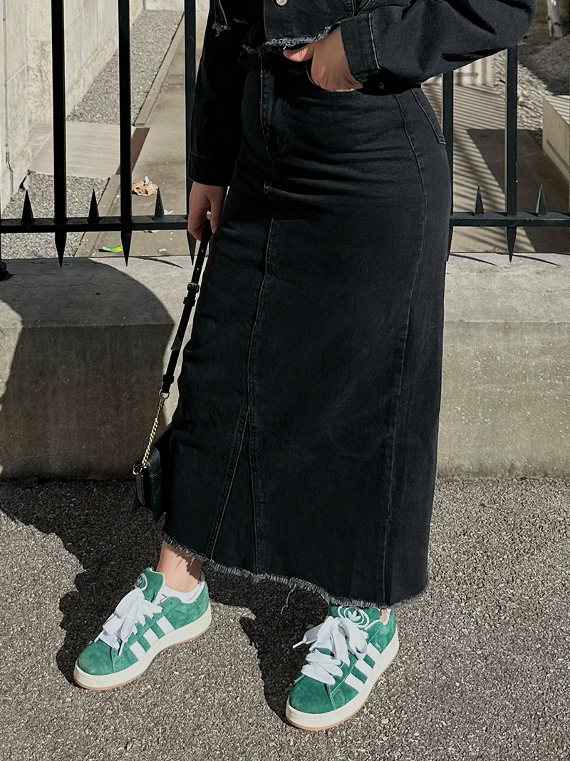 Long black denim skirt